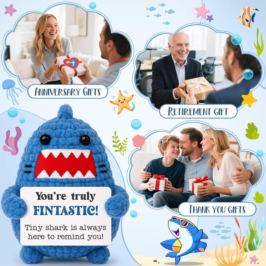 Funny Positive Crochet Shark Doll Desktop Ornament Handmade Cheer Emotional Support Positive Shark with Card Home Party Decor