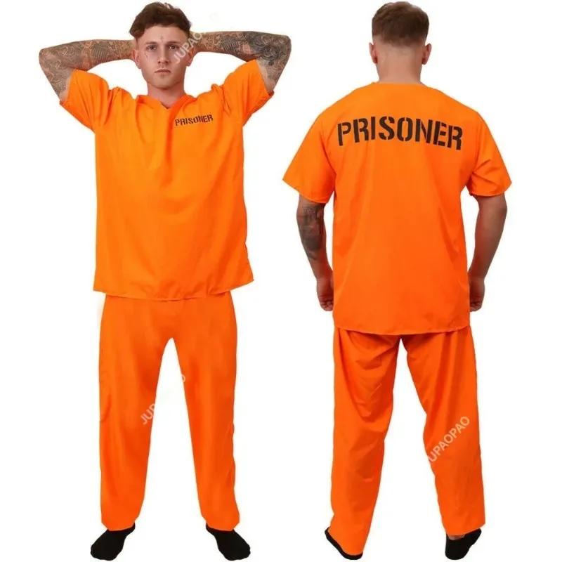 Volwassen Gevangenenkostuum Oranje Gevangenenoverall Vrijlating Outfit voor Halloween Oranje Gevangenenkostuum Mannen Gevangenis Overall Kostuum