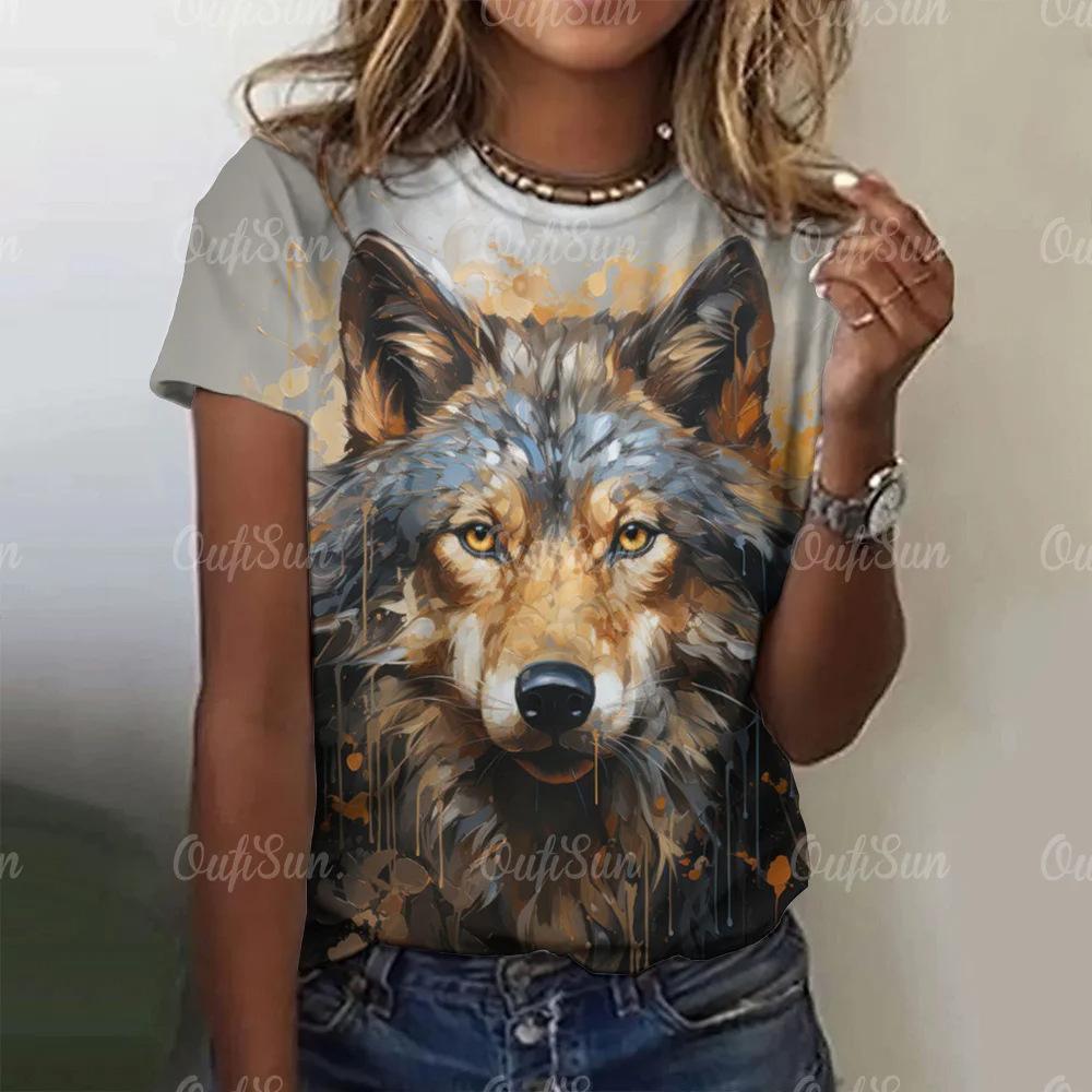 Women's Wolf Print Round Neck T-shirt Short Sleeved Shirt Fashionable Women's Animal Pattern Top 3D Digital Printing 3221