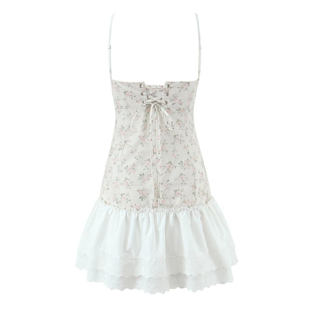2026 Sweet Chic Lace Patchwork Backless Spaghetti Strap Mini Dress