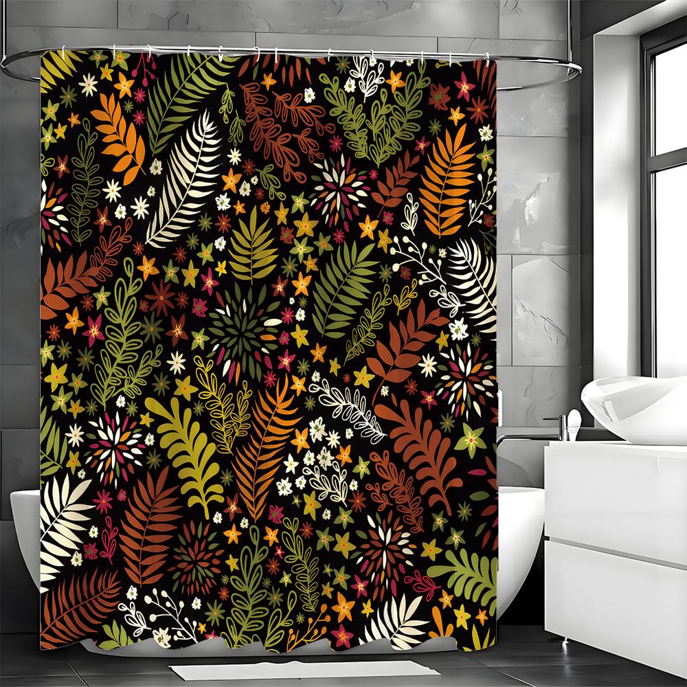 Leaf Floral Pattern Shower Curtain, Bathroom Decorative Shower Curtain, Waterproof Shower Curtain with Hooks