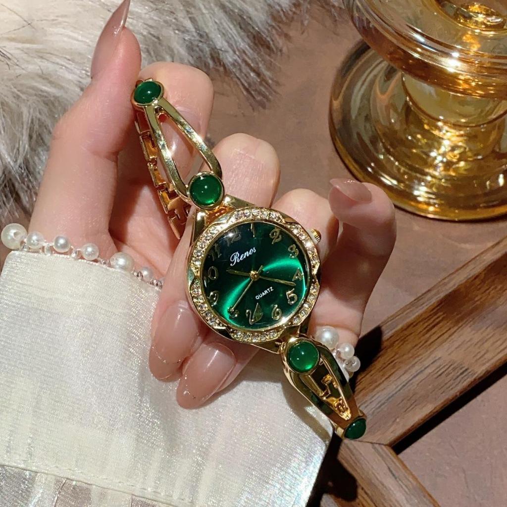 Wykwintny damski zegarek bransoletka z pozłacanego kwarcu z kamieniem naturalnym