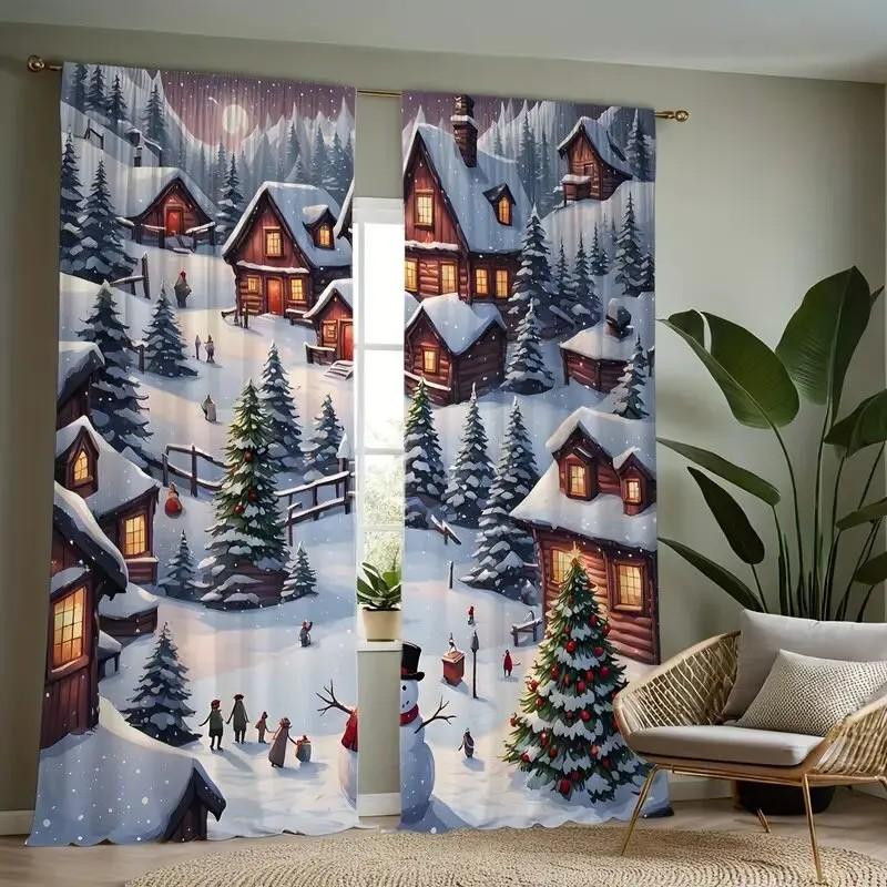 Thermal Jit Scenic Winter Village Curtains Insulated Drapes Christmas Windows Home Decor Curtain Set Of 2 Rustic Made Polyester With Rod Pocket