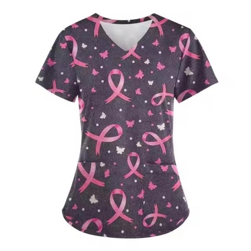 Scrubs Medicinsk Uniform Rosa Bandet Cancerkämpe Grafik Damuniformer V-ringad Kortärmad Toppar med Fickor Scrubs Damer