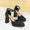 One-Strip Wedding Shoes Square Toe Shallow Mouth Waterproof Platform Thick Heel Super High Heel Sequin Sandals Fashion Elegant
