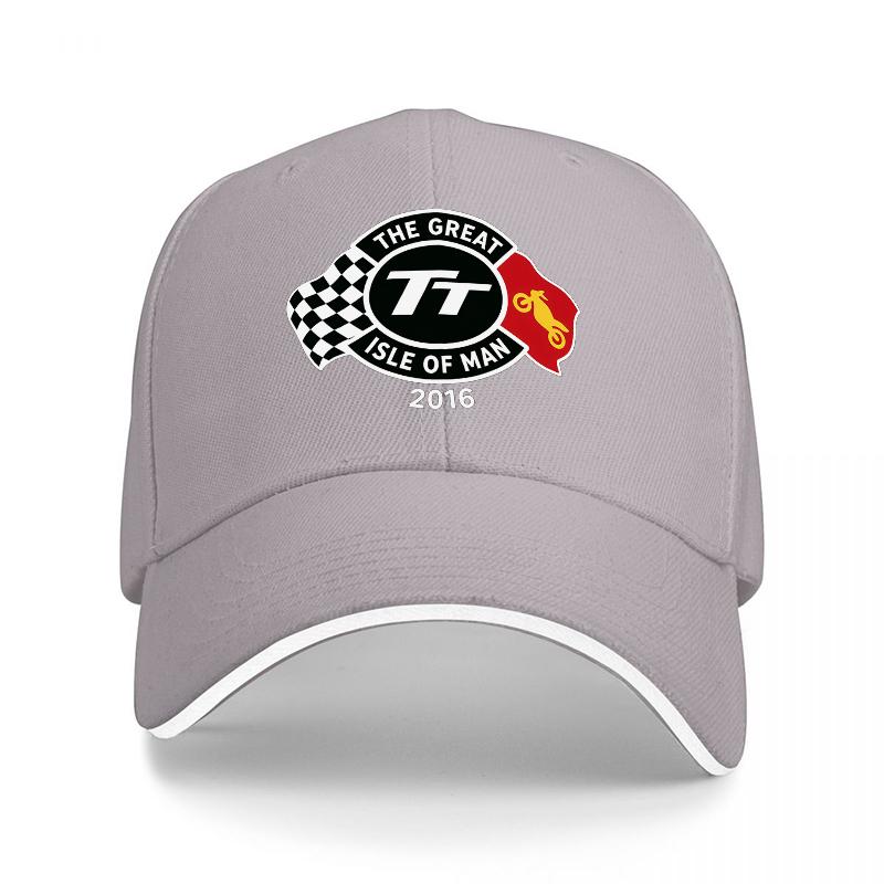 TT Isle of Unisex  Racing Logo Black Baseball Cap with Checkered Flag Design and White Trim for Motorsport Fans