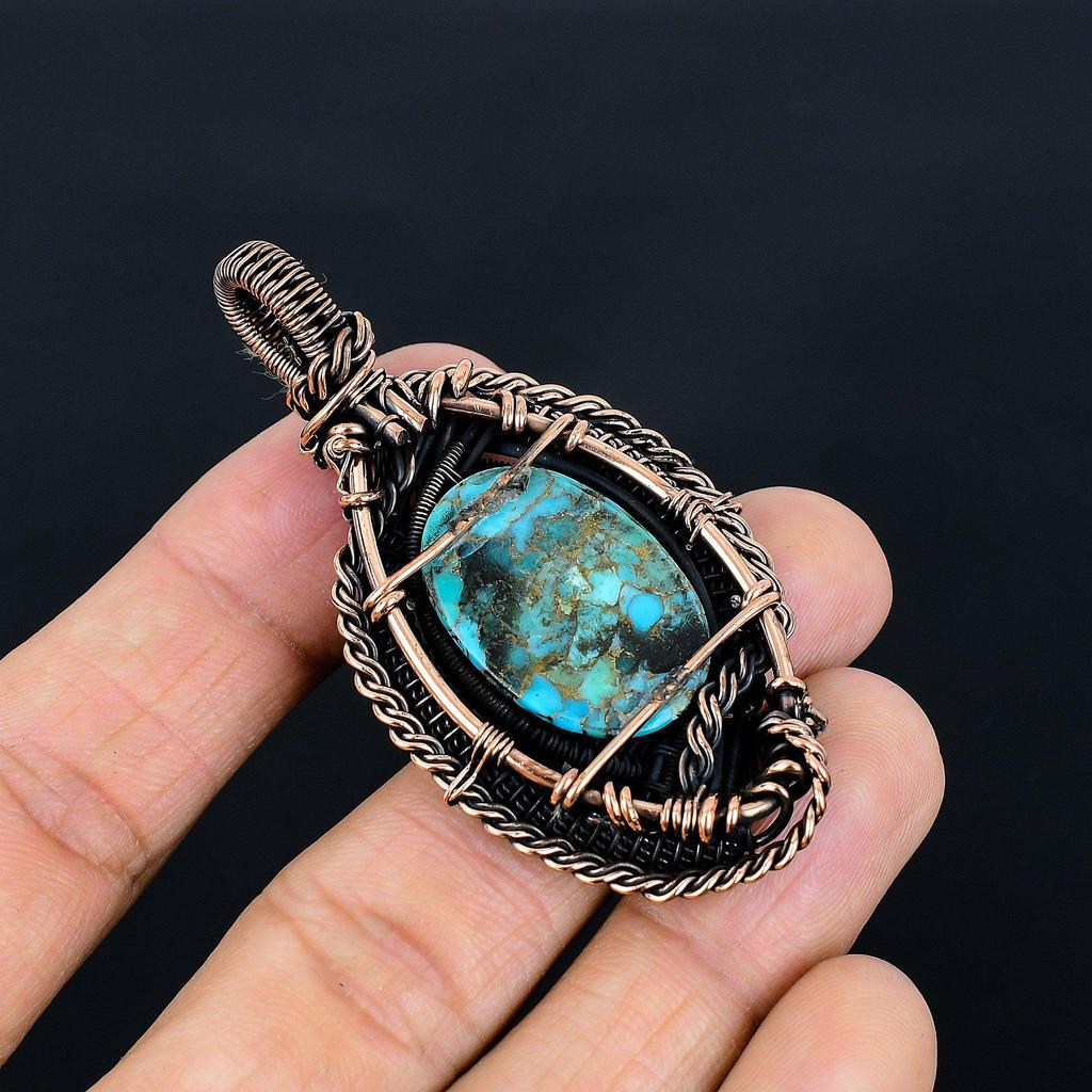 Blue Copper Turquoise Handmade Gemstone Pendant, 999 Copper Wire Wrapped Pendant Antique Jewelry, For Engagement Gift