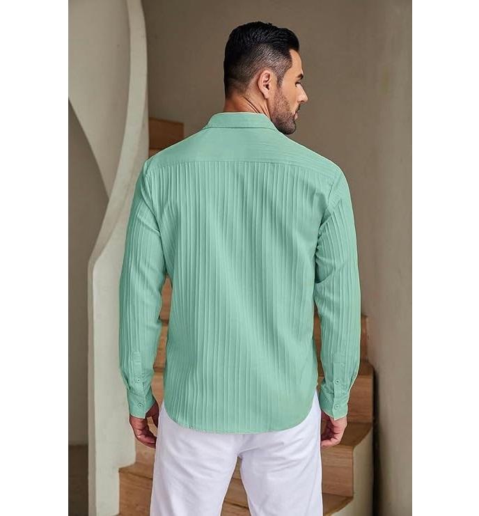 Men's Casual Button Down Shirts Long Sleeve Linen Shirt Fashion Textured Beach Summer Shirt