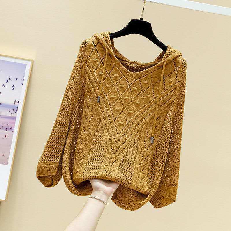 

Женский полый вязаный свитер, тонкая свободная блузка со средними рукавами, топ на весну и осень для девочек M хаки