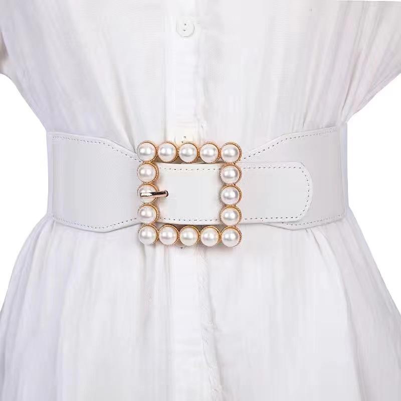 A New Women's Dress with Sweet Pearl Elastic Elasticity, Wide Cinched Waist and Waist Seal, Fashionable Ins Style Belt for Ladies