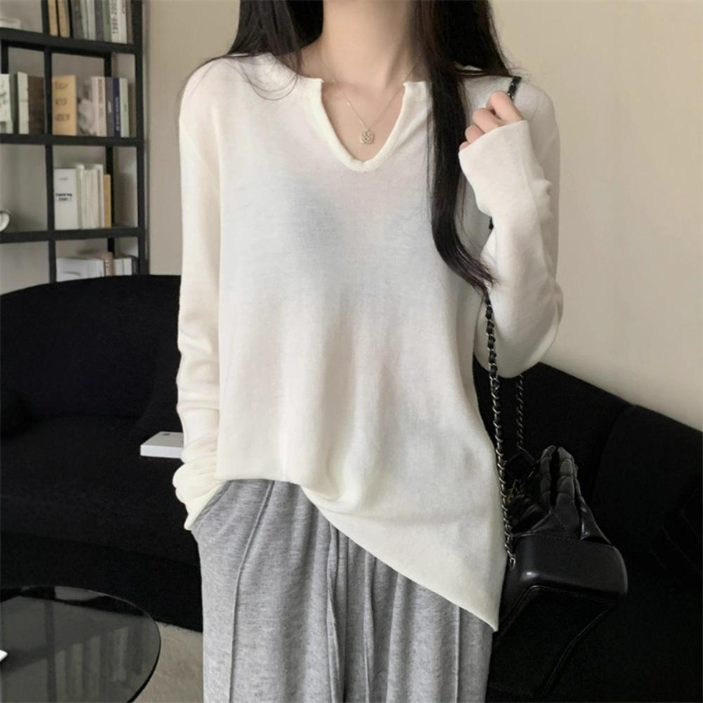Autumn v-neck solid color knitted sweater long-sleeved t-shirt women's loose and thin sweater casual style sweet and versatile