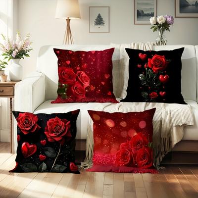 Housse de coussin Décoration d'intérieur Motif Rose Rouge et Cœur d'Amour Housse de Coussin en Polyester pour Canapé de Salon avec Fermeture Éclair