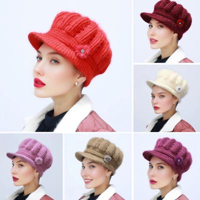 Cappello da donna in maglia con tesa estesa, ispessito, in peluche, invernale, tinta unita, decoro floreale, cappello caldo, accessori moda