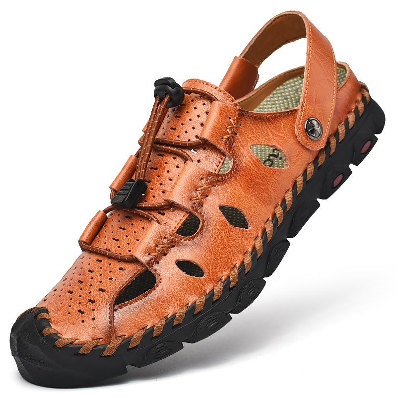 

Мужские кожаные сандалии 2025 лето уличные для отдыха полые дышащие кожаные туфли нескользящая мягкая подошва туфли с закрытым носком мужские 38
