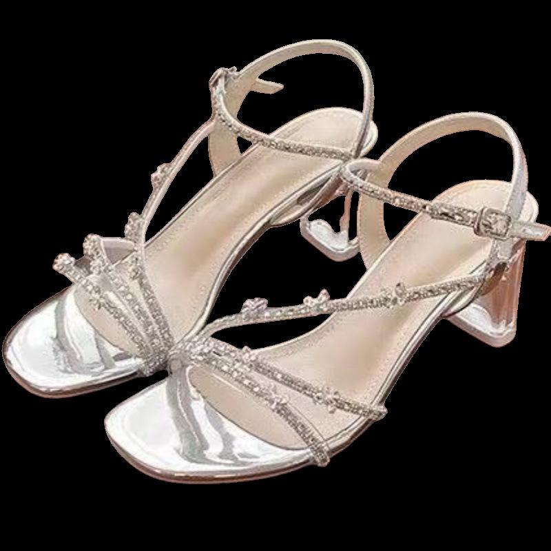2025 New Great-looking Sandals Women's French Not Tired Feet Silver Rhinestones with Transparent Thick Heels High Heels