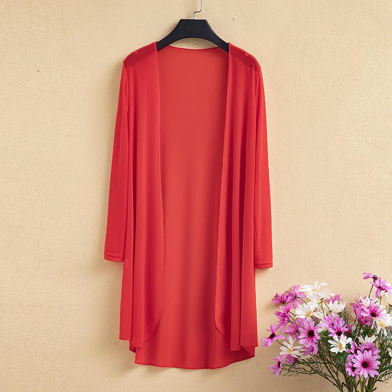 WTEMPO Ice Silk Cardigan met Mesh Dun Air-conditioning Shirt Zomer Zonbescherming Shirt Dames Losse Mid-Lengte Sjaal Jas 4XL rood