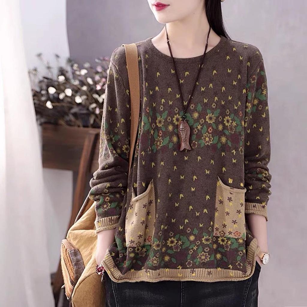 Women's Retro Print Cotton Sweater - Autumn Round Neck, Rolled Hem, Loose Fit, Plus Size, Age-Reducing Knitwear with Pocket