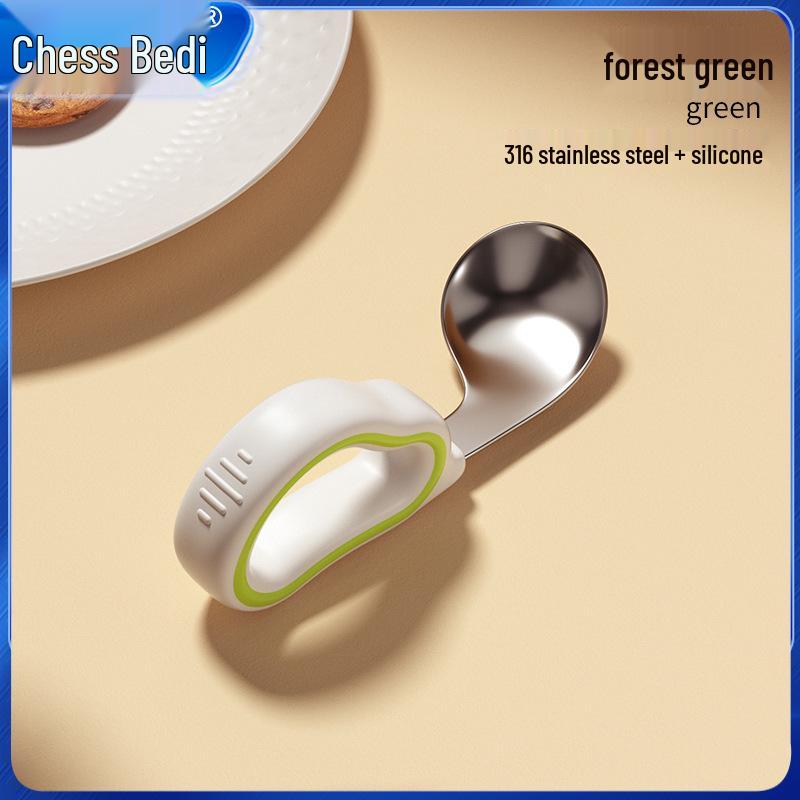 Infant Training Silicone Spoon & Fork Set - Stainless Steel, Short Handle, Bent Head for Learning To Eat