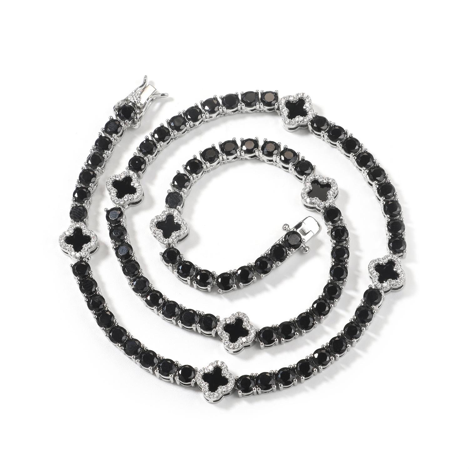 Hip-hop Gumeng new product, silver and black buckle tennis necklace, four-leaf clover tennis necklace, hip-hop necklace. 16inch