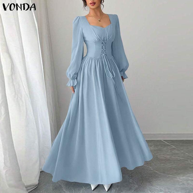 VONDA Elegante Abito Maxi da Donna con Scollo Quadrato, Maniche Lunghe, Allacciatura, Casual, da Festa, con Volant, Svasato