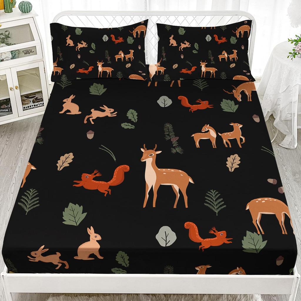 Cute Flower Deer Pattern Mattress Three-Piece Digital Printing Home Bedding Set