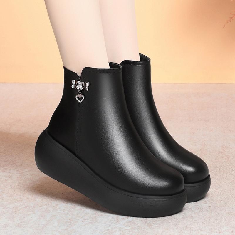 Round Head Short Boots Women's Autumn and Winter Cotton Shoes, New Leather Shoes Platform Women's Shoes Muffin Shoes Side Zipper Velvet Women's Boots
