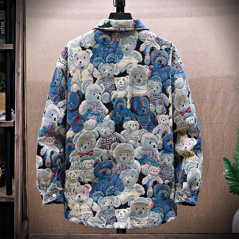 Jachetă Denim Jacquard cu Ursuleț pentru Bărbați - Nouă Modă Streetwear Toamnă/Iarnă