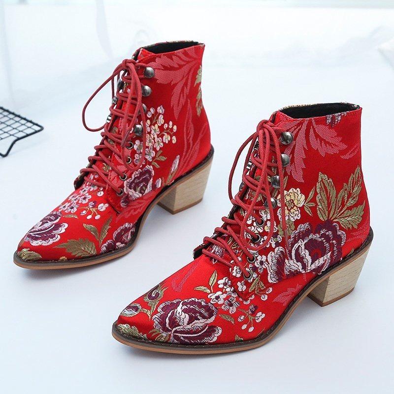 New Thick Heel High Heel Martin Boots Women's Pointed Head Embroidered Lace-up Short Boots