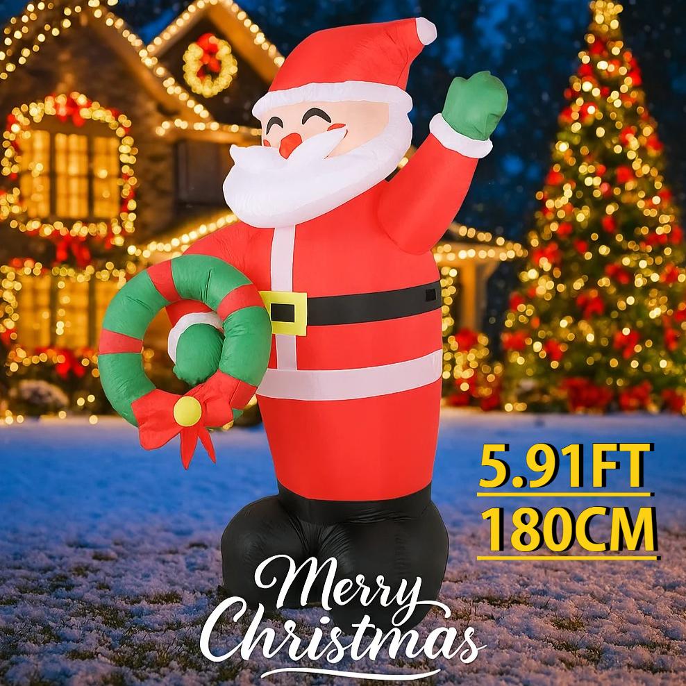 5.91FT Yard Party Decoration Inflatable Santa Claus Wreath Toys LED Light Xmas Home Ornament Supplies Christmas Holiday Gifts