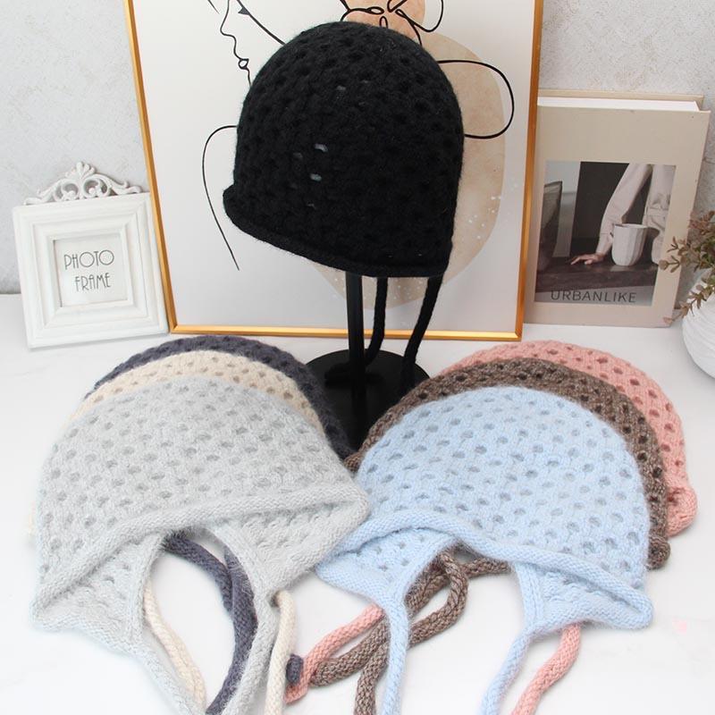 Hollow ear protector knitted hat women's autumn and winter lace-up headgear retro woven wool hat outdoor outing hat