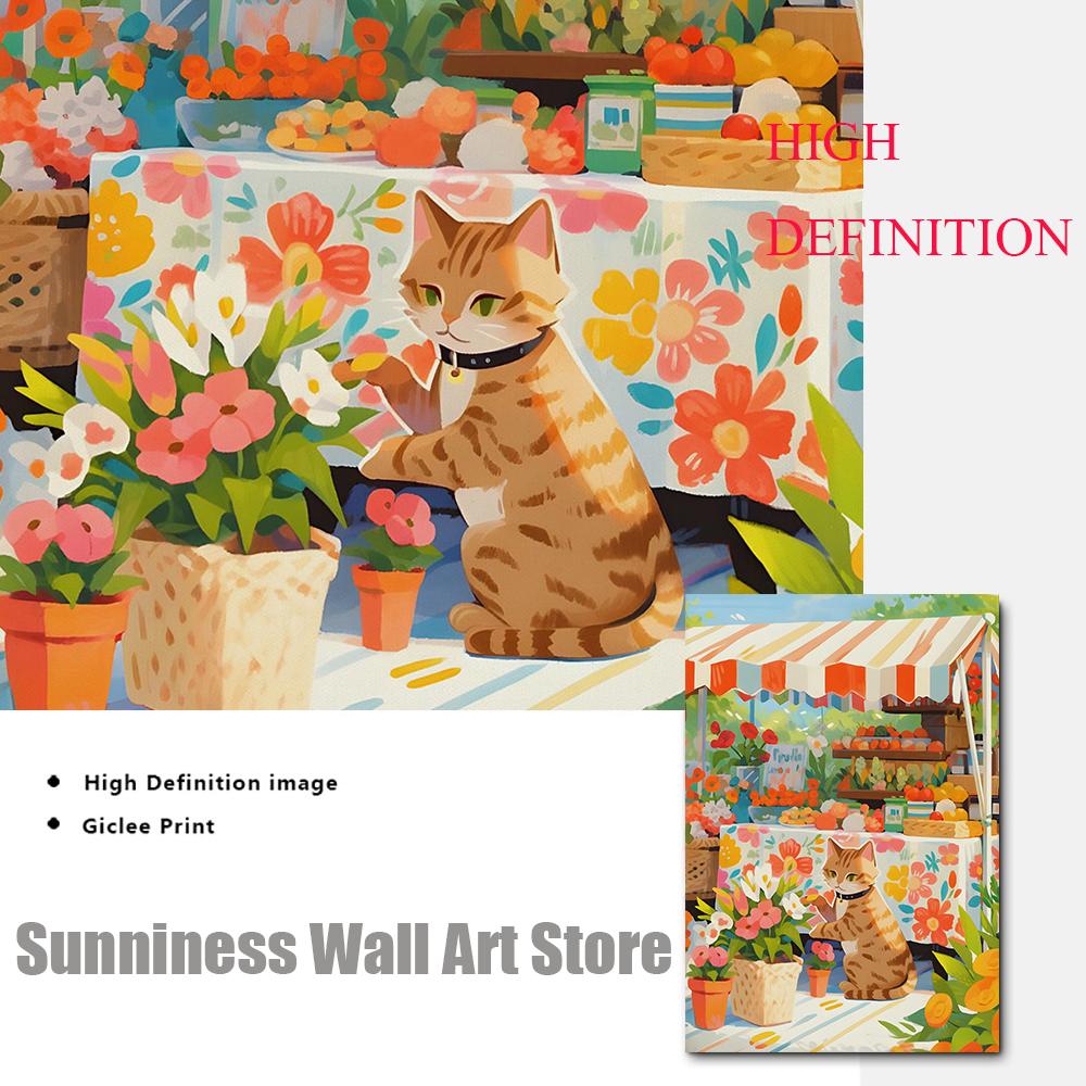 Tabby Cat Flower Market Posters and Prints Canvas Painting Cherry Blossoms Wall Art Pictures for Living Room Home Decor Cuadros