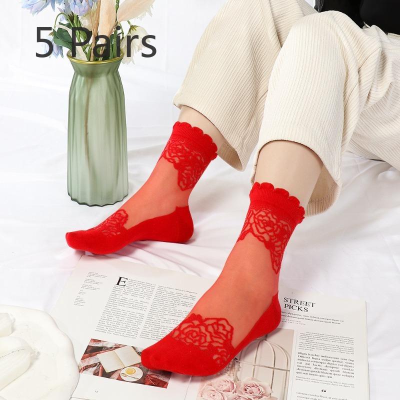 5 Paar Damen Sommer Dünne Rosen-Spitze Baumwollboden Atmungsaktive Kniestrümpfe 5 Pairs rot