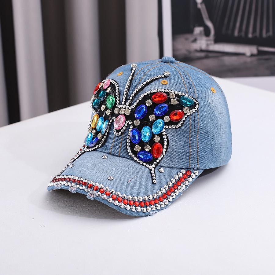 European and American Fashion Rhinestone Butterfly Denim Baseball Cap - Versatile Outdoor and Sun Protection Accessory