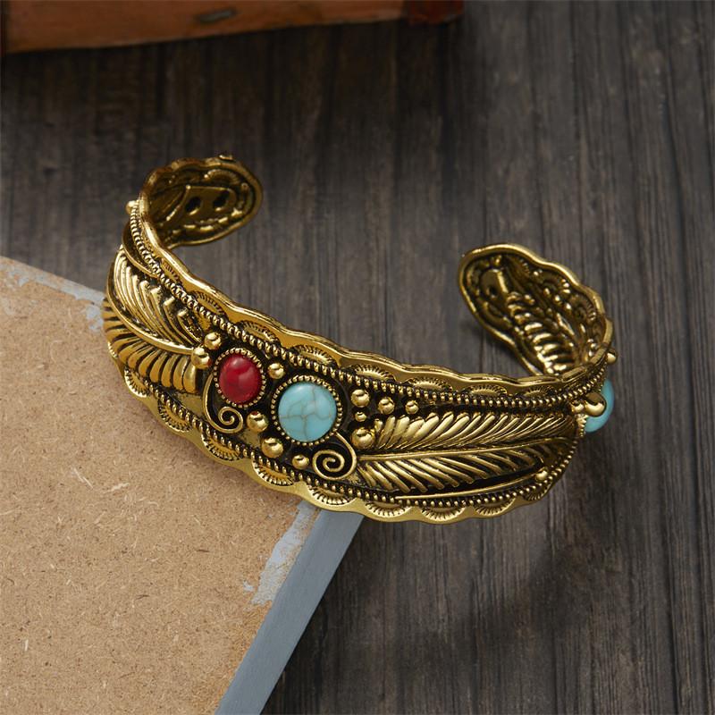 Style Oval Turquoise Bracelet With Vintage Two Tone Leaf Design For Women
