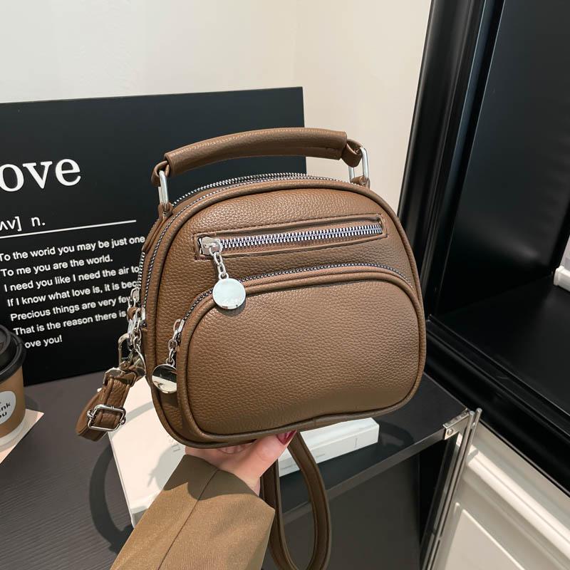 Women Mini Round Leather Handbag Multi Zipper Pockets Top Handle Crossbody Bag Adjustable Strap for Daily Use Ladies' Holiday Gifts