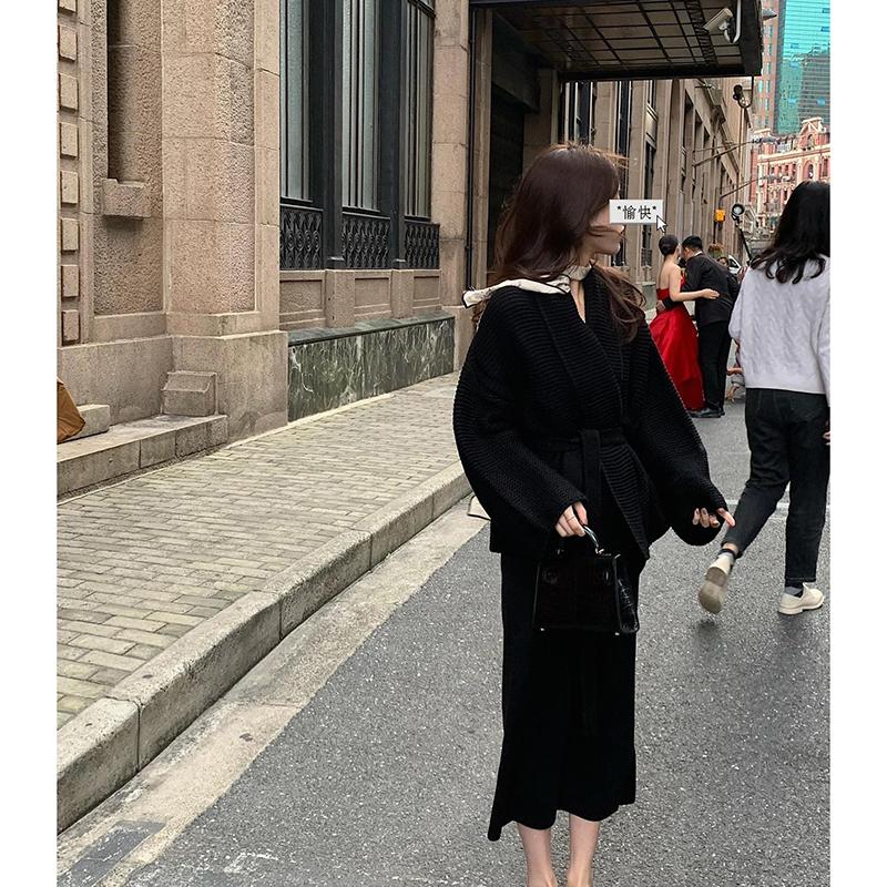 Damski sweter jesienno-zimowy, luźny, modny, dojazdy do pracy, długi, dzianinowy kardigan z dekoltem w serek, gruby, długi płaszcz z rękawami