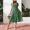 Women's Loose Casual Square Neck Puff Sleeve Floral Dress Long Skirt