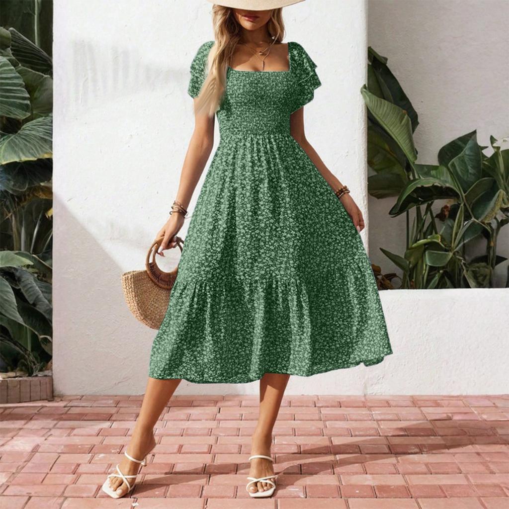 Women's Loose Casual Square Neck Puff Sleeve Floral Dress Long Skirt