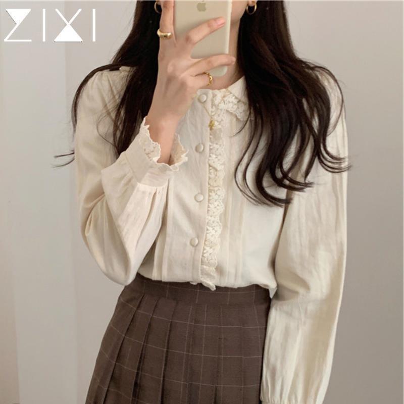 Women s Spring & Autumn Chic French Lace Collar Blouse - Long Sleeve Top Small абрикосовый