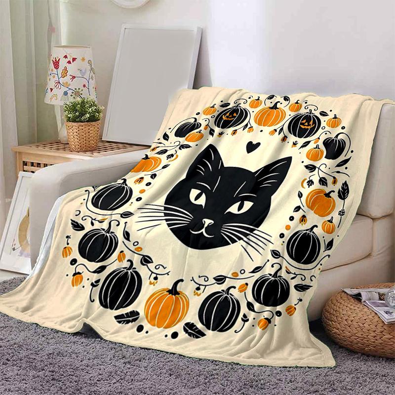 1pc Black Cat and Pumpkin Ideas Blanket  Soft and Cozy Home Decor Gift for Friend, Suitable for All Seasons, Living Room, Travel, Camping