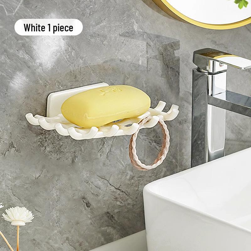 Wall-Mounted Punch-Free Soap Dish with Drain Rack & Hooks for Bathroom