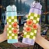 1PC Checkerboard Peach Fruit Grid 750ml Color Plastic Sports Water Bottle Leakproof Flip Straw Lid For Sports Office Home Use