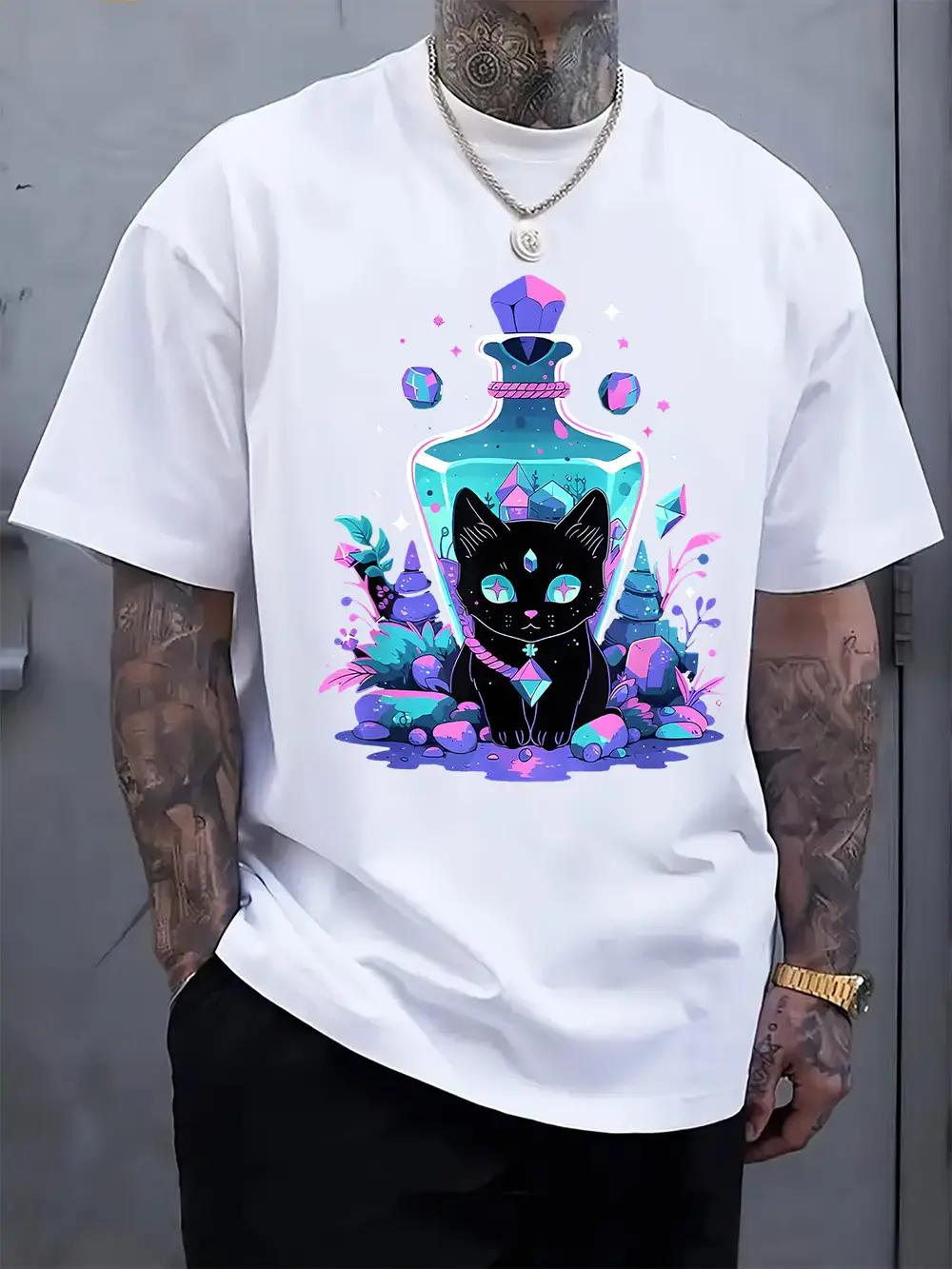 Casual Short Sleeve T-shirt with Magic Black Cat & Potion Bottle Graphic Print - 95% Polyester 5% Elastane Blend XXL