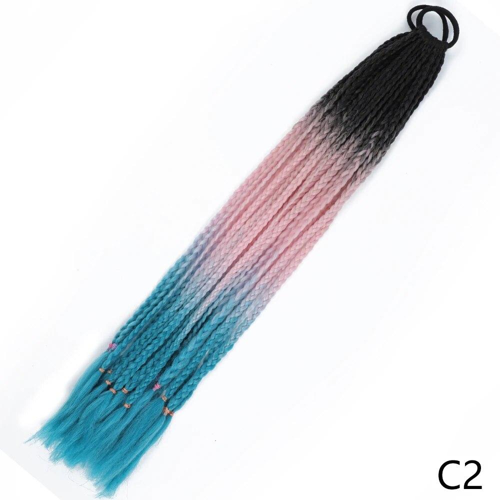XINRAN Synthetic Long Straight Braids Hair With Rubber Bands Rainbow Braided Ponytail For Women And Girls Cosplay Party Accessories