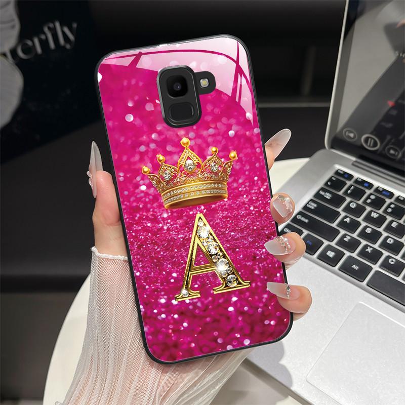 For Samsung Galaxy J6 2018 Case Fashion Letter Hard Tempered Glass Back Cover For Samsung J6 Plus J8 2018 Shockproof Phone Shell