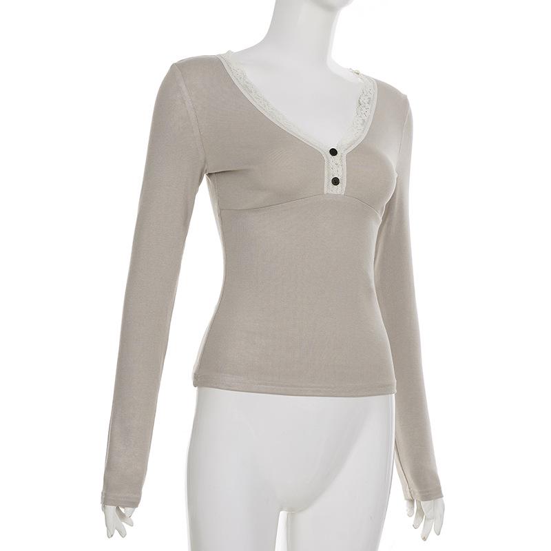 Sexy V-neck Lace A-line Knit Long-sleeve Top - Elegant Slimming Sweet Girly Style