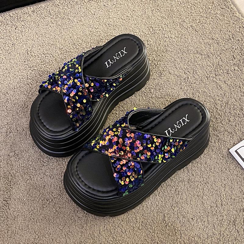 Muffin heel color thick-soled cool slippers women's wear popular round head new summer fashion sequined high-heeled sandals women