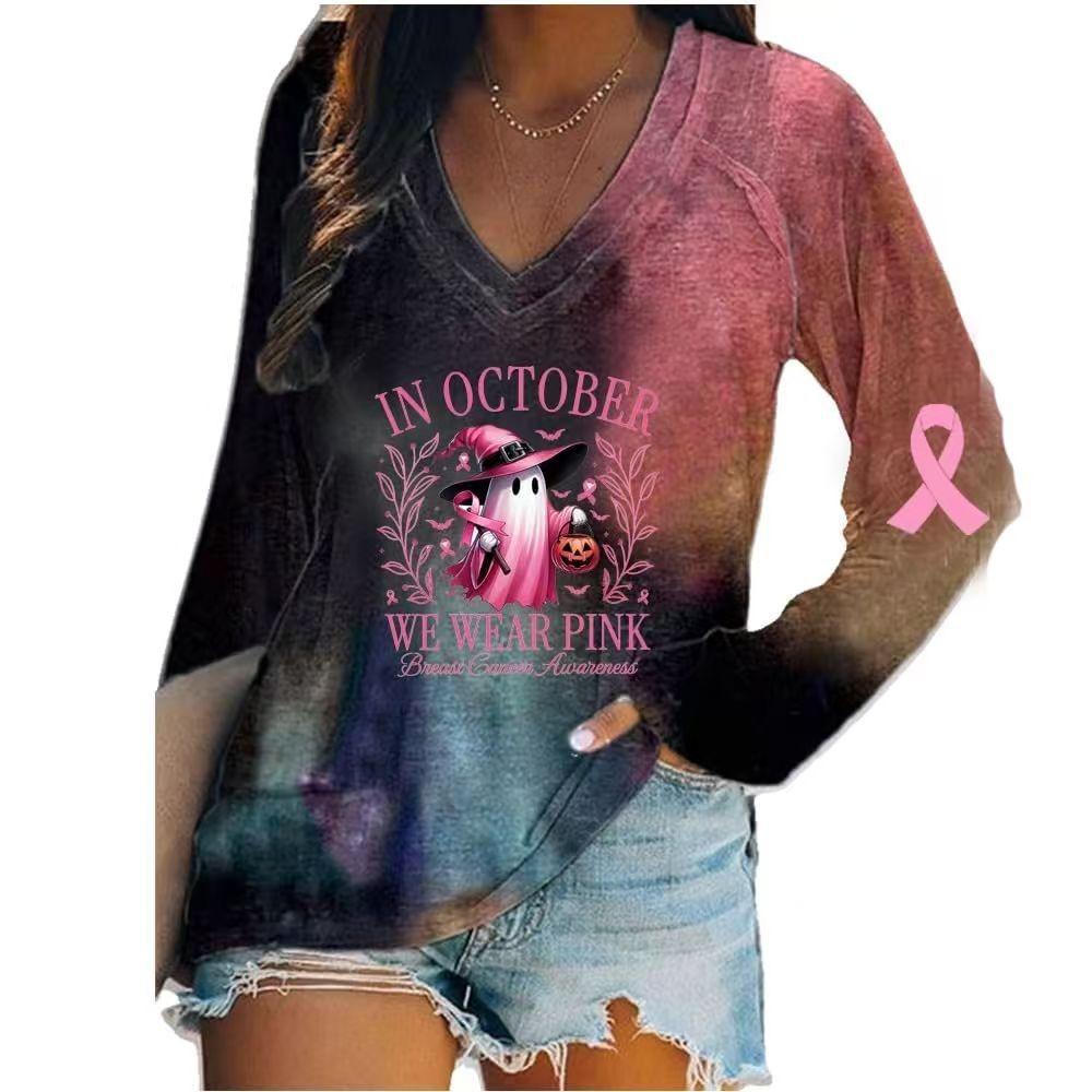 New Easter 3D digital printed women's V-neck long sleeved T-shirt