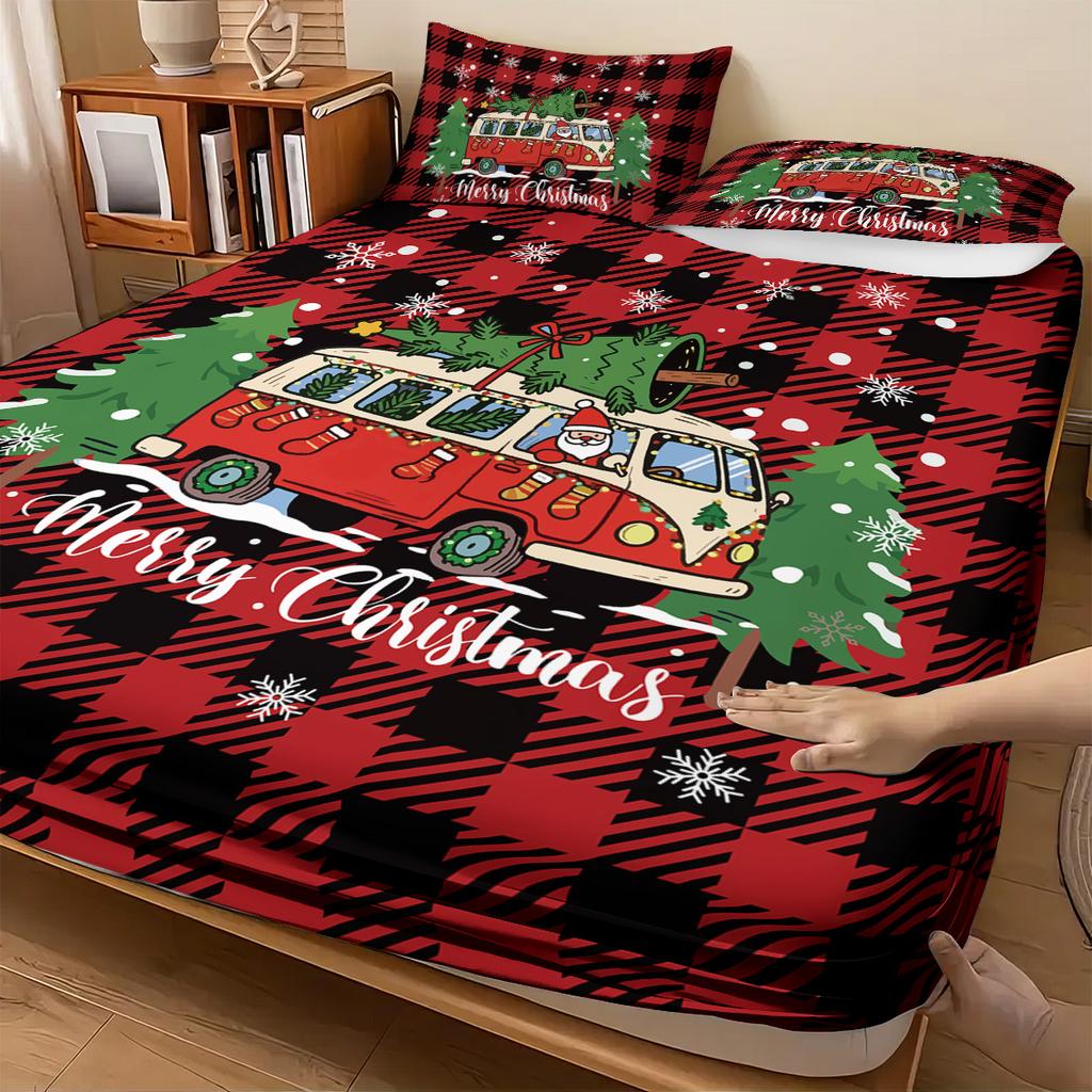 3pcs red checkered Christmas truck print coreless bed sheet set multi size bedcover bedroom bedding decoration machine washable