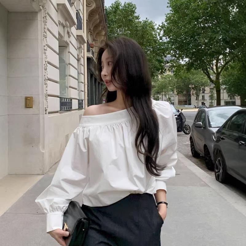 Korean Chic 2026 Spring/Autumn Off-Shoulder Puff Sleeve Shirt for Women